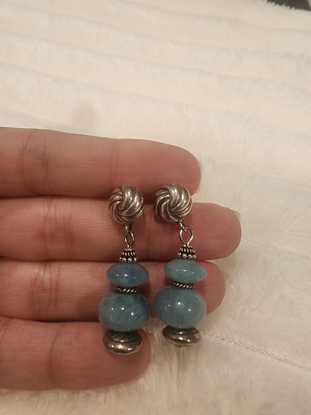 Vintage Style Blue Stone Beaded Dangle Earrings Silver Tone Artisan Boho